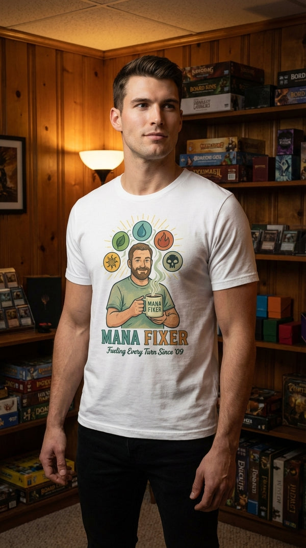 Mana Fixer Dad Tee - Male Model in Cozy Game Den - Kitchen Table Legend