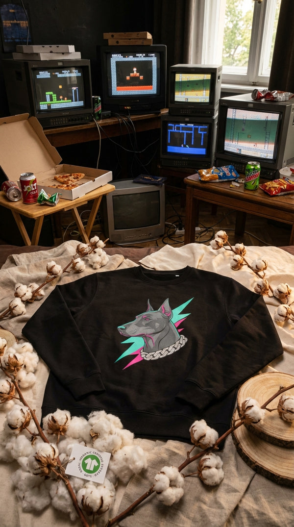 Cyberpunk Doberman Organic Sweatshirt Unisex - GOTS Certification Hero in 90s LAN Party - 90s Retro Sustainable