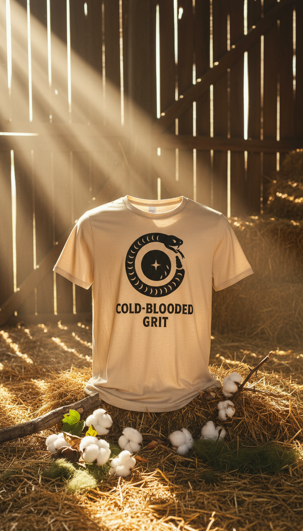 Cold-Blooded Grit Rattlesnake Emblem – Organic Cotton Western T-Shirt - GOTS Certification Hero in Rustic Barn - 90s Retro Sustainable