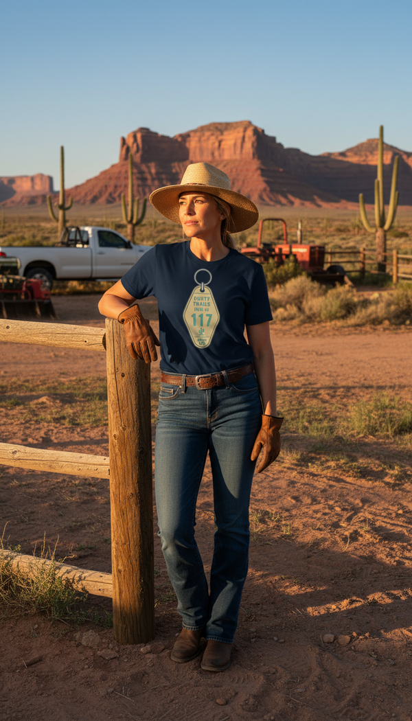 Dusty Trails Motel Key Tag – Retro Western Organic Cotton T-Shirt - Modern Rancher in Desert Canyon - 90s Retro Sustainable