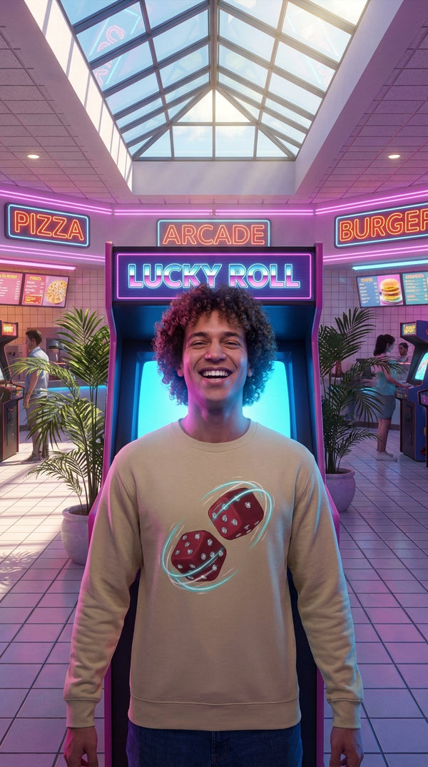 Lucky Roll Diamond Dice Organic Sweatshirt - Arcade Champion in 90s Mall Food Court - 90s Retro Sustainable