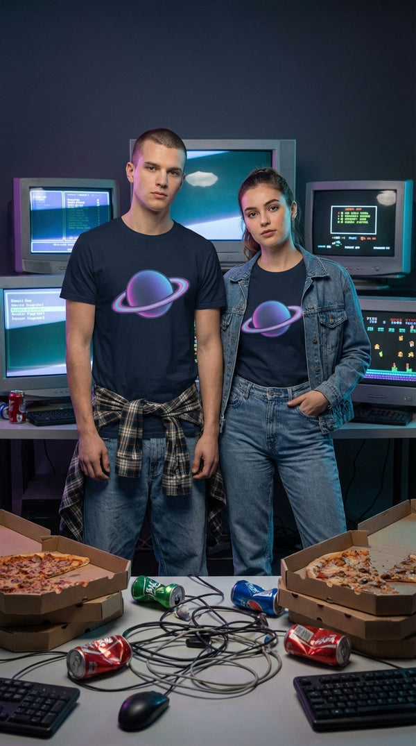 Neon Saturn with Glowing Rings Retro Space Graphic T-Shirt - Couple / Duo in 90s LAN Party - 90s Grunge Revival