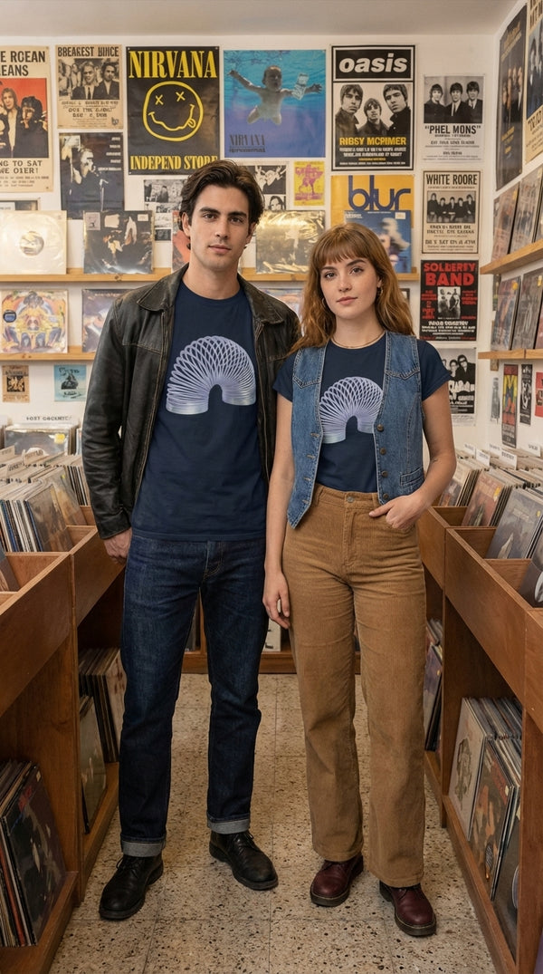Retro Iridescent Slinky 90s Metallic Rainbow Coil T-Shirt - Couple / Duo in Vintage Record Store - 90s Grunge Revival