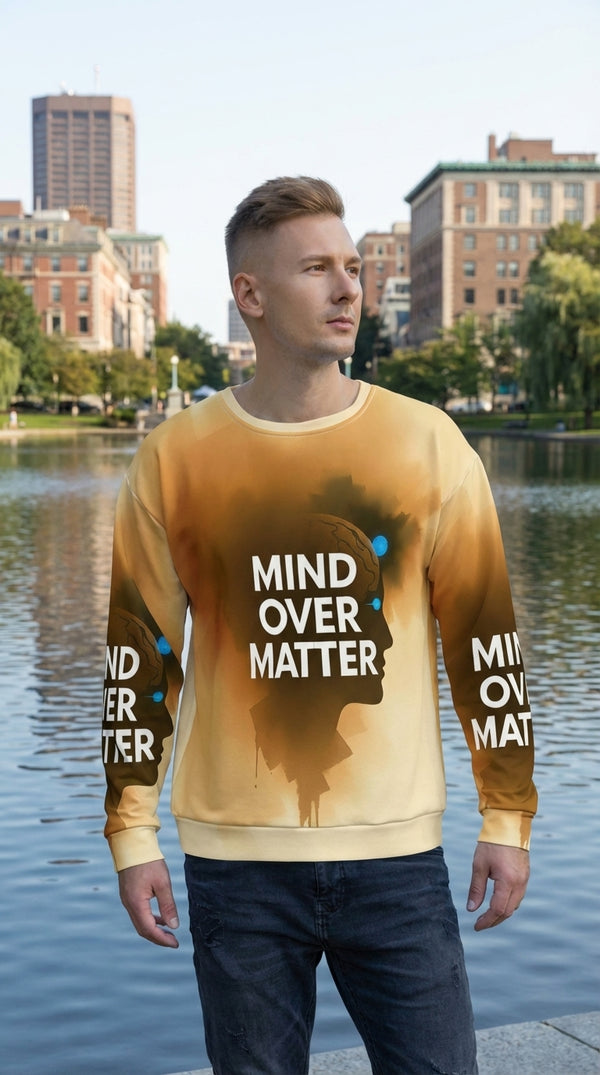 Mind Over Matter Recycled Unisex Sweatshirt - Male Model in Boston Frog Pond - Eco-Aesthetic Lifestyle