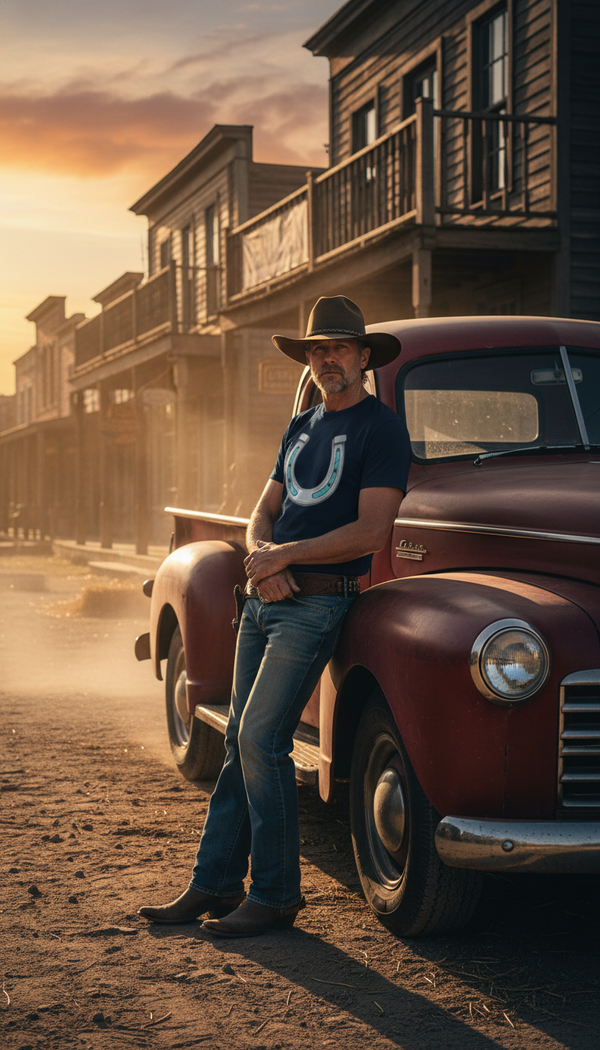 Turquoise Inlaid Horseshoe T-Shirt – Western Cowboy Good Luck Tee - Pickup Truck Lean in Western Town - 90s Retro Sustainable