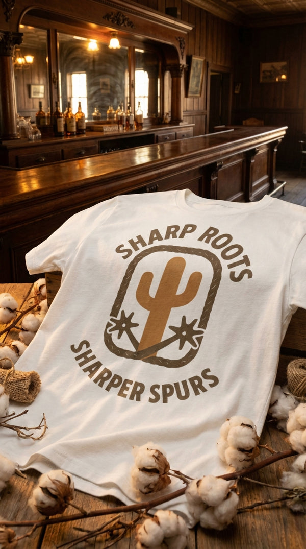 Organic Cotton T‑shirt – Sharp Roots Sharper Spurs - GOTS Certification Hero in Saloon Interior - 90s Retro Sustainable