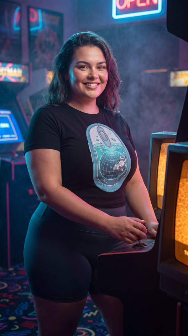 Aqua-Tech Y2K Organic Cotton Tee | Sustainable Retro Style - Cyberpunk Plus in Neon Arcade Alley - Y2K Eco-Tech