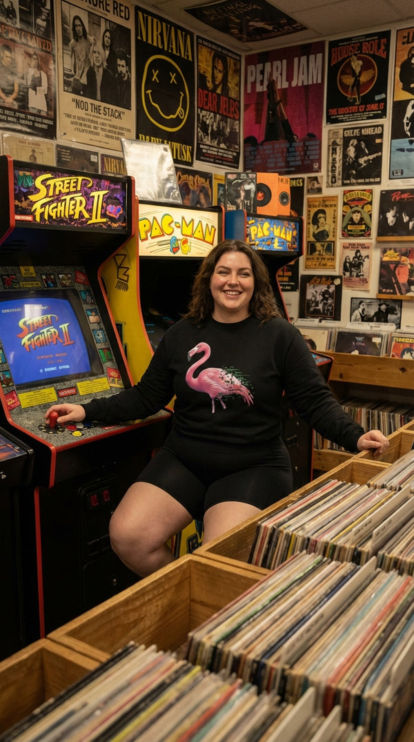 Glitch Flamingo Organic Sweatshirt - Retro Vaporwave Aesthetic - Retro Plus Arcade in Vintage Record Store - 90s Retro Sustainable