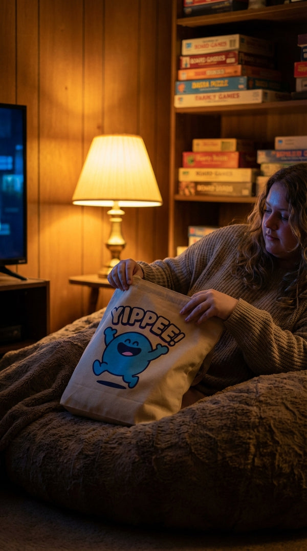 Organic Cotton Tote - Yippee Joy Celebration - Handheld Console Player in Cozy Game Den - 90s Retro Sustainable