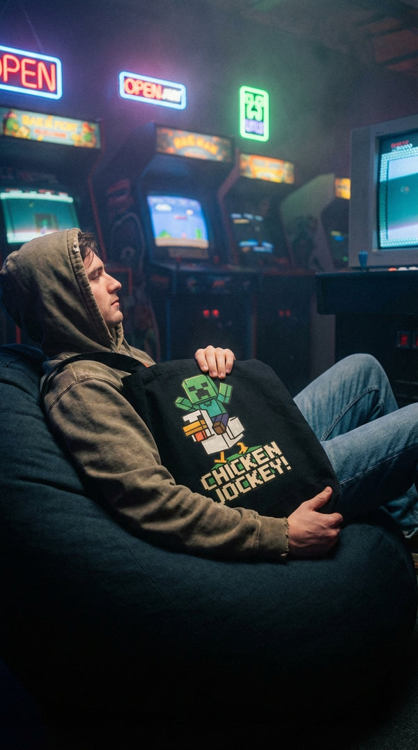 Organic Cotton Tote - Pixel Art Chicken Jockey - Handheld Console Player in Neon Arcade Alley - 90s Retro Sustainable