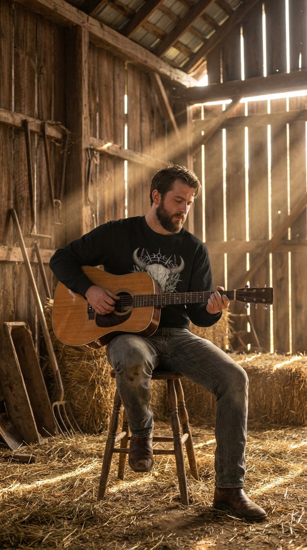 Mystic Bull Skull Organic Cotton Sweatshirt - Western Goth - Cowgirl Model in Western Town - Eco-Aesthetic Lifestyle