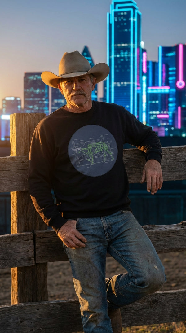 Mecha Bull Blueprint Organic Cotton Sweatshirt - Modern Rancher in Neon Cyberpunk - Eco-Aesthetic Lifestyle