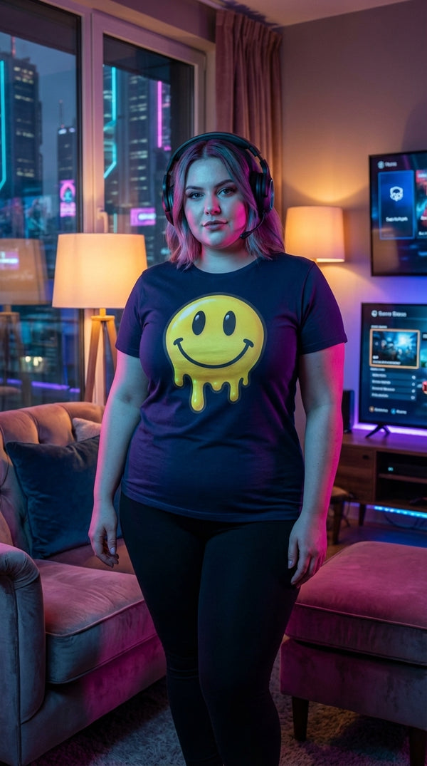 Melting Smiley Organic Cotton T-Shirt - Cyberpunk Plus in Living Room - 90s Grunge Revival
