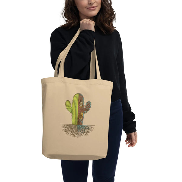 Saguaro Sanctuary Organic Cotton Tote Bag | Eco-Friendly Western Design - Sustainable Organic Design | Detailed Alternative View