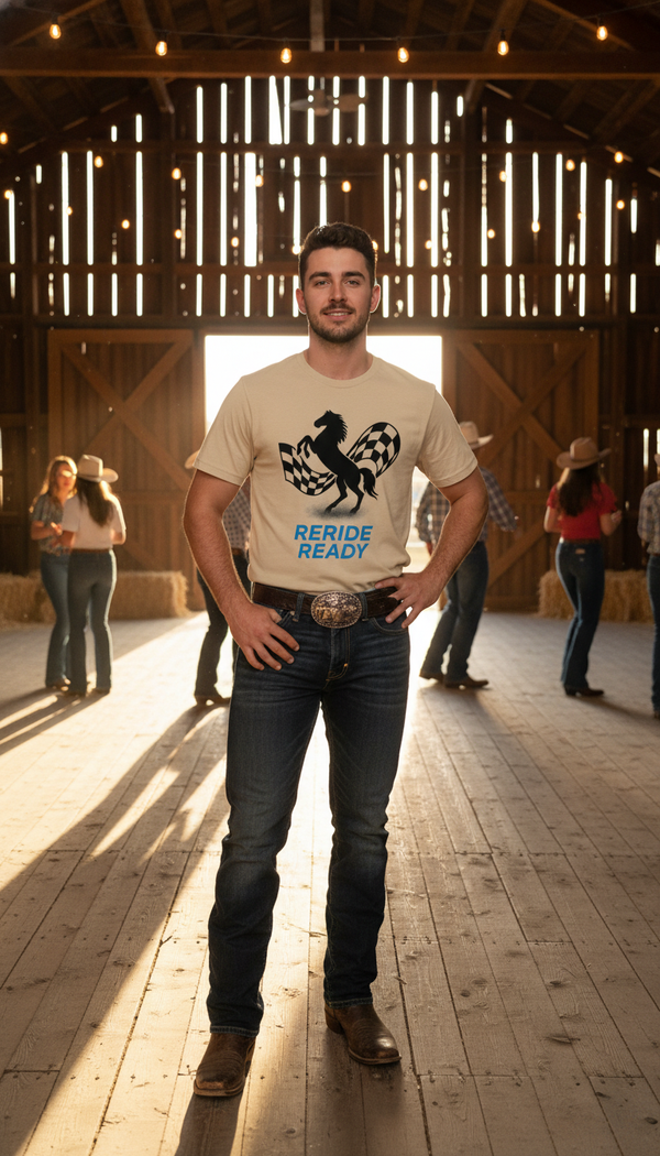 Reride Ready T-Shirt – Racing Spirit Cowboy Tee with Checkered Flags - Line Dancer in Rustic Barn - 90s Retro Sustainable