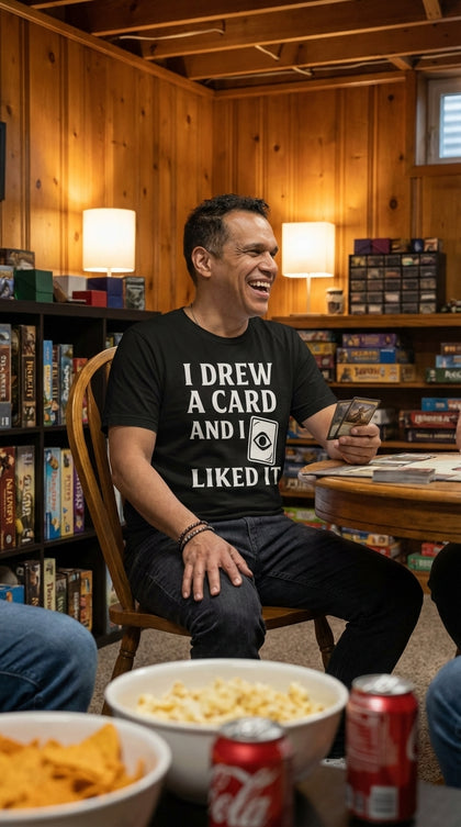 "I Drew A Card" Organic Gamer graphic tee worn in a cozy game den — card shop duel