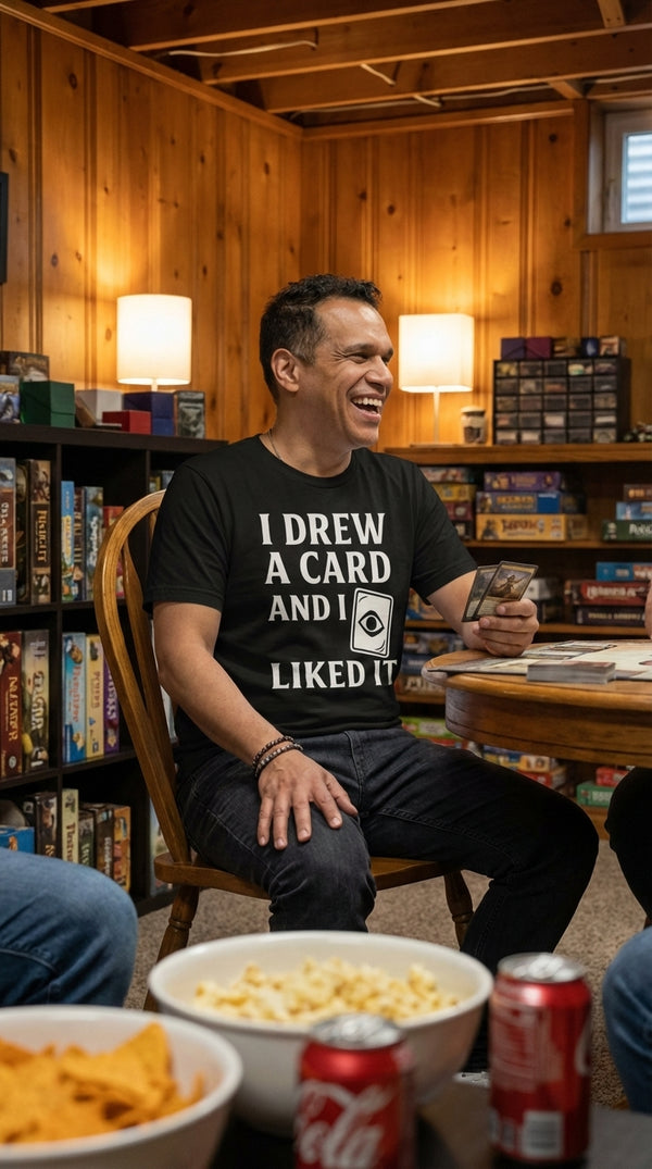 "I Drew A Card" Organic Gamer graphic tee worn in a cozy game den — card shop duel