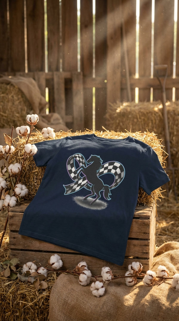 Rearing Mustang & Checkered Ribbon Organic Cotton T-Shirt - GOTS Certification Hero in Rustic Barn - 90s Retro Sustainable