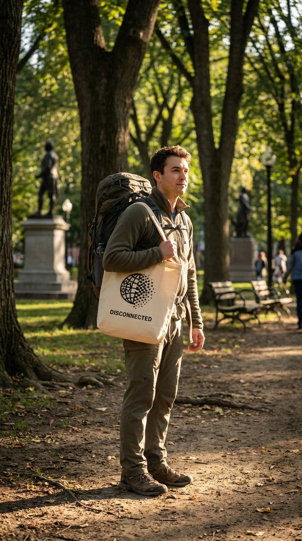Organic Cotton Disconnected Globe Sustainable Tote Bag - Eco-Hiker in Boston Common - GenZ Ethical Hype