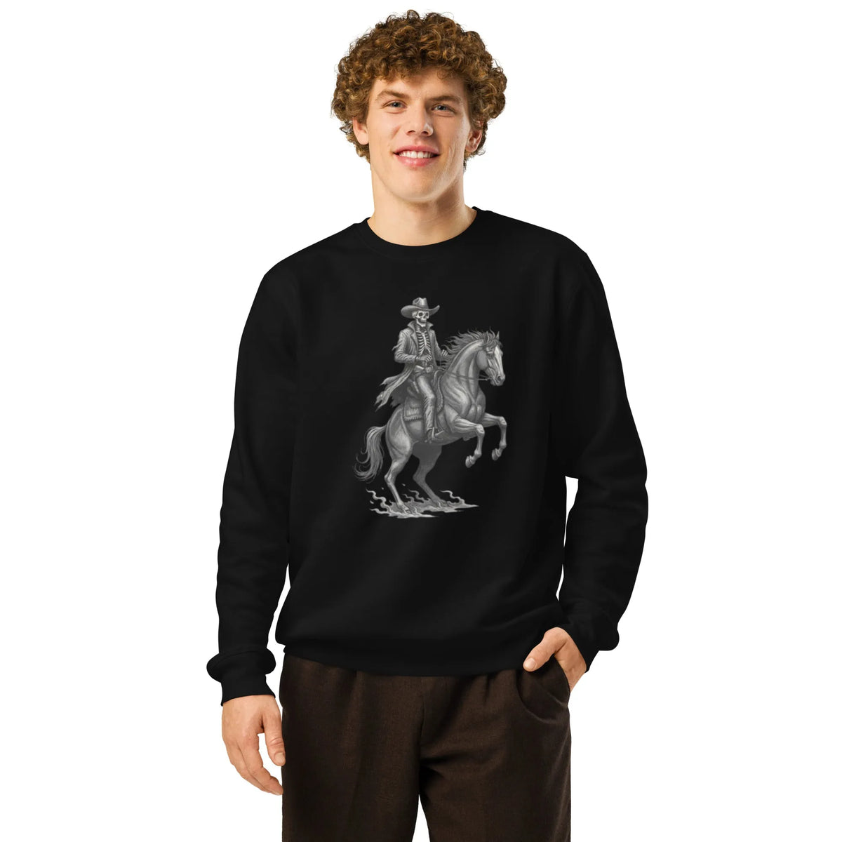 Spectral Outlaw: Skeleton Cowboy Organic Cotton Sweatshirt - Sustainable Organic Design | Primary Mockup Front View