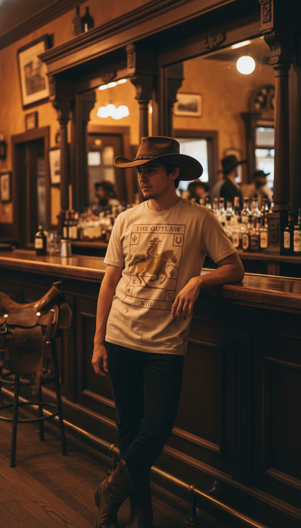 The Outlaw – Western Tarot Cowboy Tee - Rodeo Spectator in Saloon Interior - 90s Retro Sustainable
