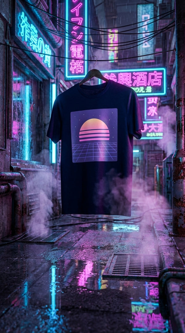 Retro Sunset Grid Organic Cotton T-Shirt - Retro Plus Arcade in Cyberpunk Slum - 90s Grunge Revival