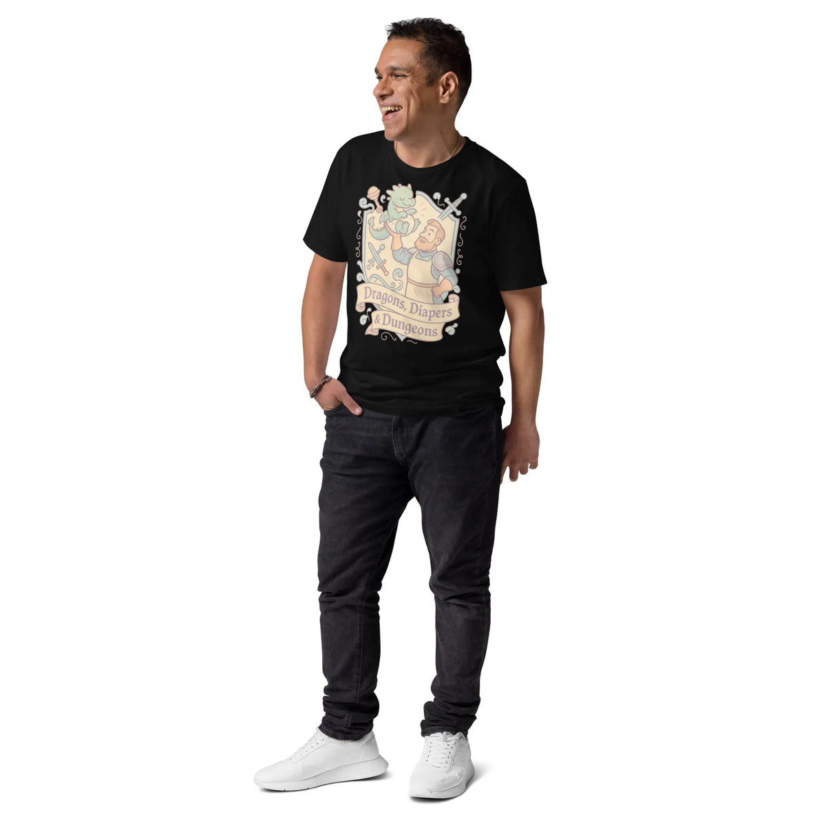 Dragons, Diapers & Dungeons | Organic Sustainable Gamer Tee - Sustainable Organic Design | Detailed Alternative View
