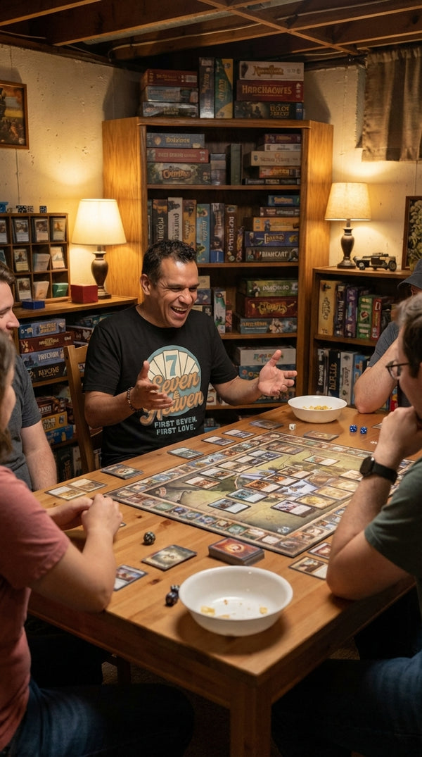 Seven Heaven Organic Cotton T-Shirt - Multiplayer Pod (Social) in Cozy Game Den - Untap & Upkeep Lifestyle