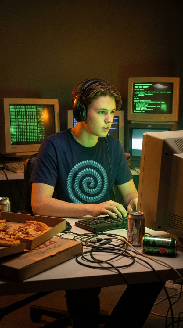 Teal Telephone Cord Spiral Organic Cotton T-Shirt - 90s Retro Hacker in 90s LAN Party - 90s Grunge Revival