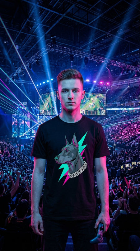 Cyberpunk Doberman Graphic Organic Cotton T-Shirt - Esports Pro in Esports Arena - 90s Retro Sustainable