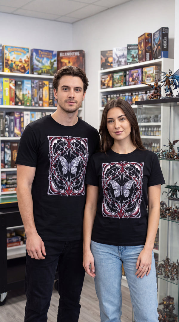 Y2K Chrome Butterfly Organic Tee | Consciously Crafted Streetwear - Couple / Duo in Local Game Store - Y2K Eco-Tech