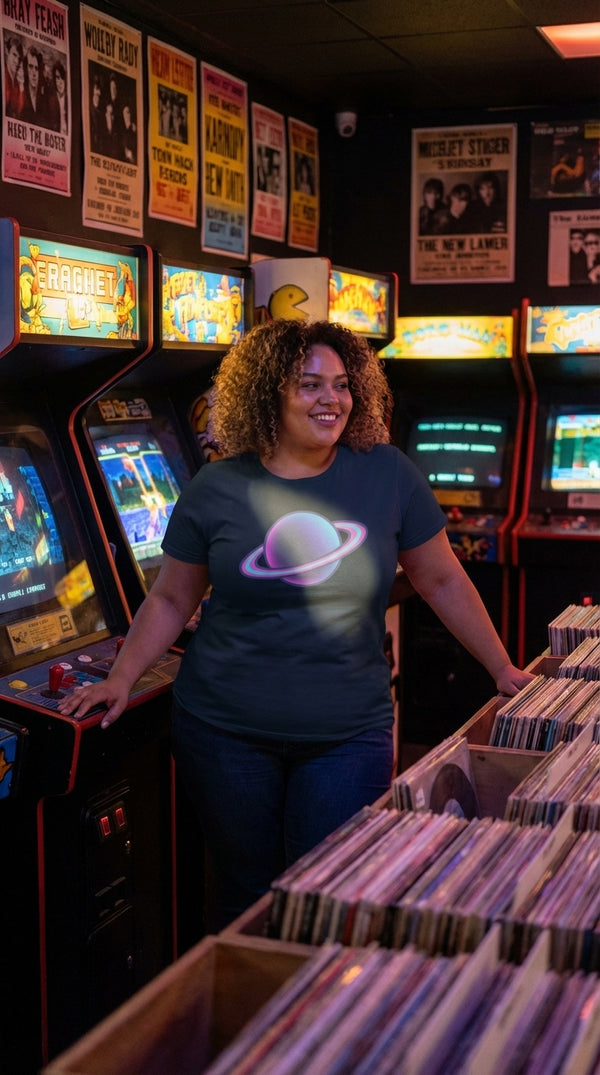 Neon Saturn with Glowing Rings Retro Space Graphic T-Shirt - Retro Plus Arcade in Vintage Record Store - 90s Grunge Revival