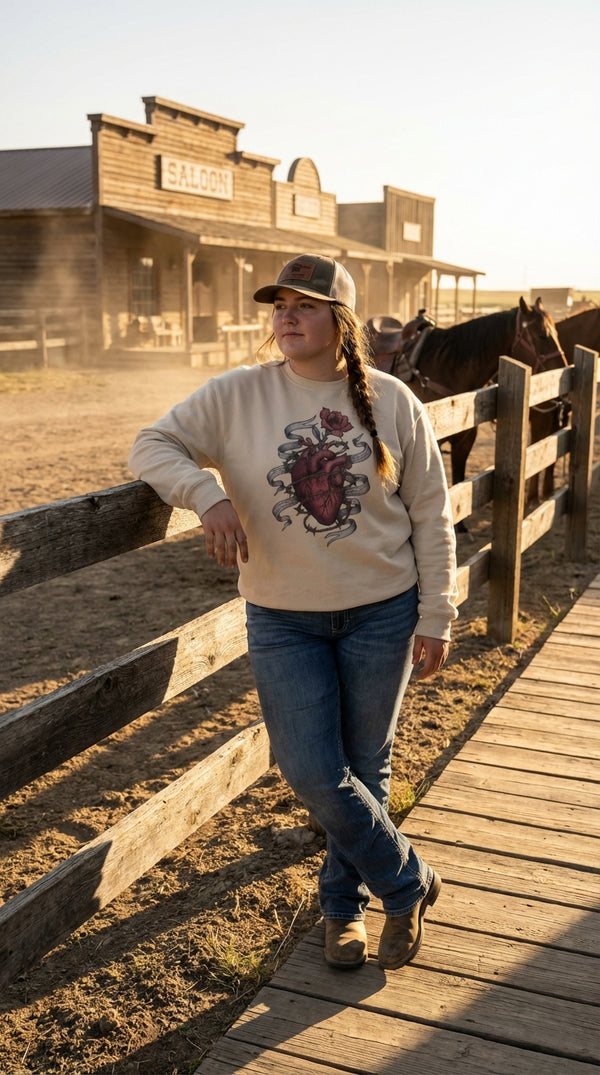 Barbed Heart & Rose Organic Sweatshirt - Western Gothic - Modern Rancher in Western Town - Eco-Aesthetic Lifestyle