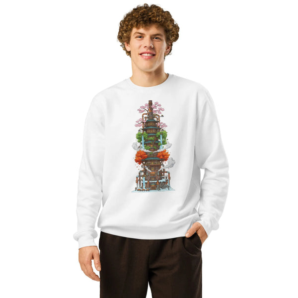 Steampunk Seasons Tower Organic Sweatshirt | Sustainable Fantasy Gamer Wear - Sustainable Organic Design | Primary Mockup Front View