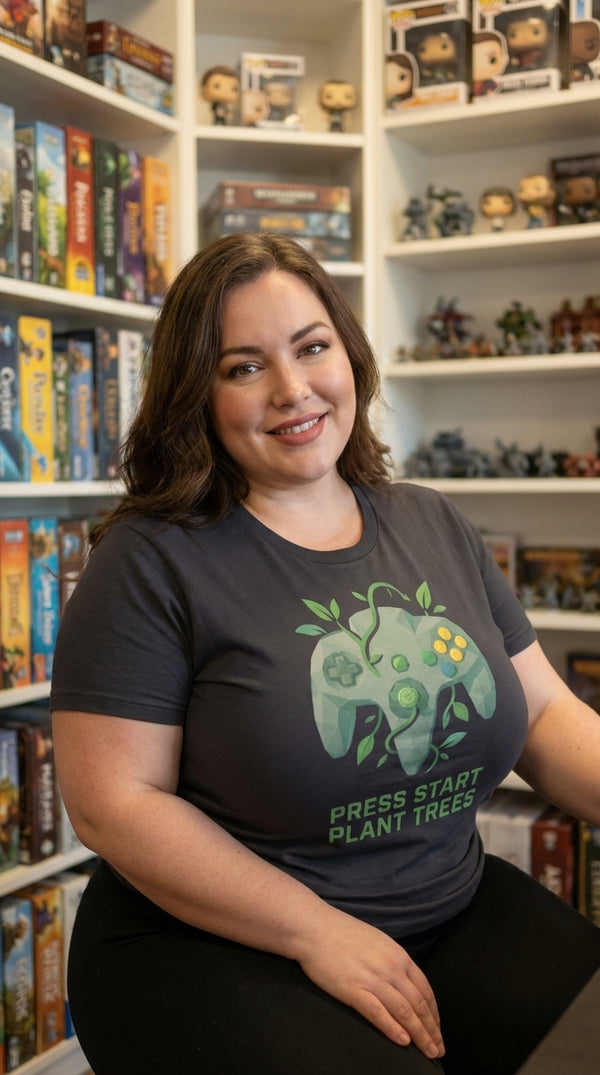 "Press Start" Gamer GOTS-certified organic cotton tee, editorial portrait