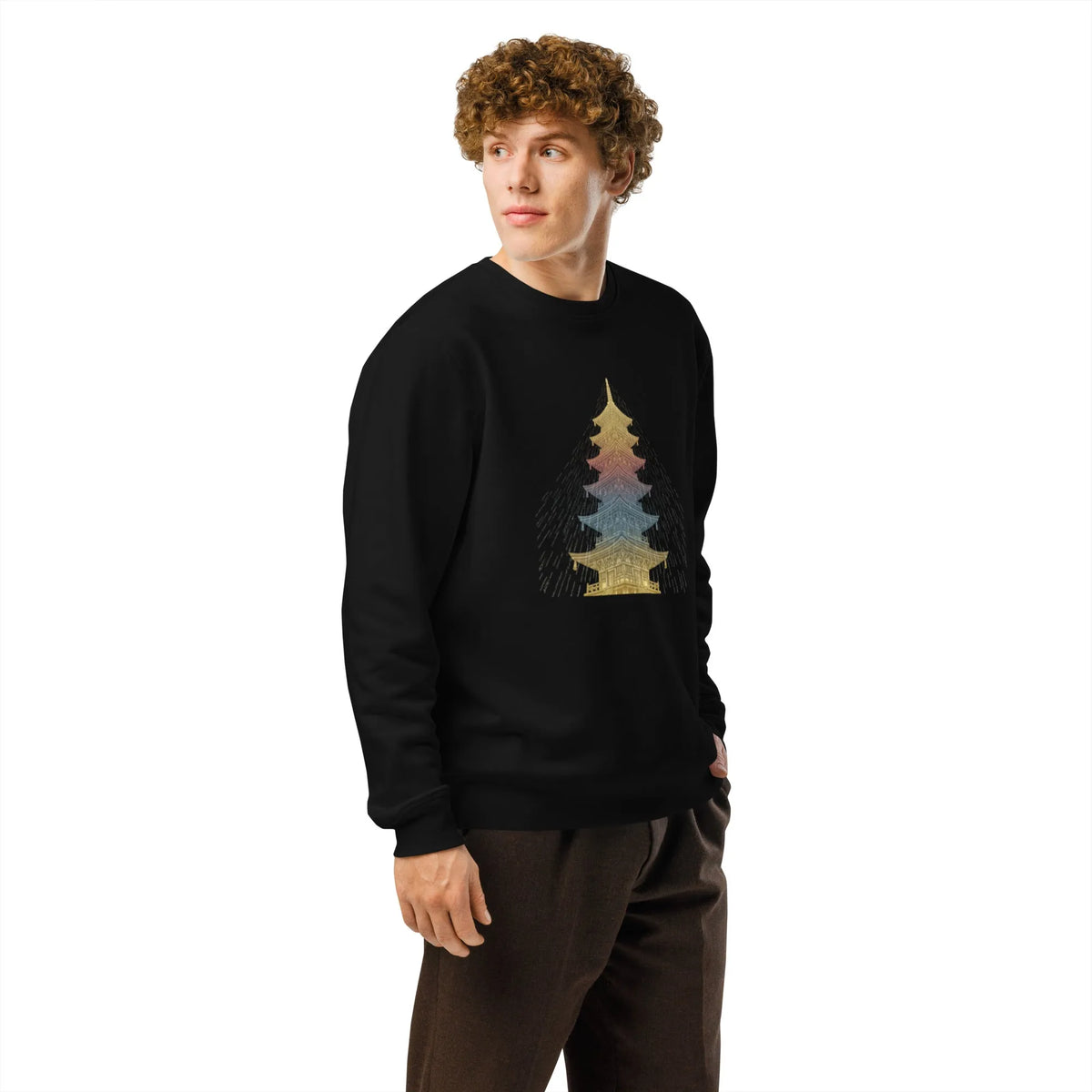 Cyber Pagoda Premium Organic Sweatshirt | Gamer Glitch Aesthetic - Sustainable Organic Design | Primary Mockup Front View