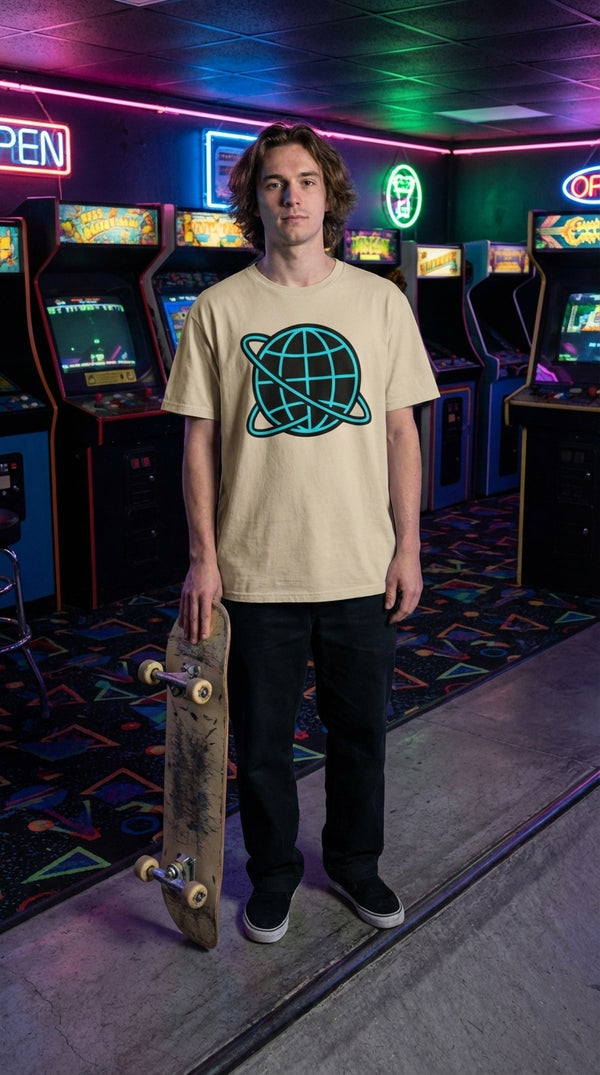 Cyberpunk Wireframe Earth Organic Cotton T-Shirt - Urban Skater in Neon Arcade Alley - 90s Grunge Revival