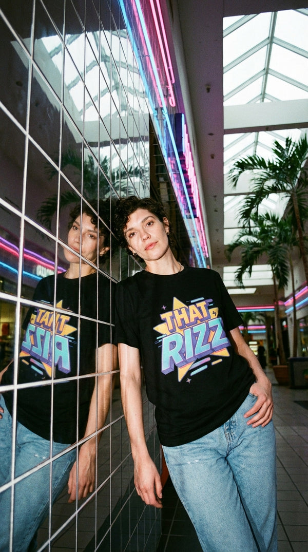 Organic Cotton 'That Rizz' Graphic Tee - 90s Mall Goth in 90s Mall Food Court - 90s Retro Sustainable