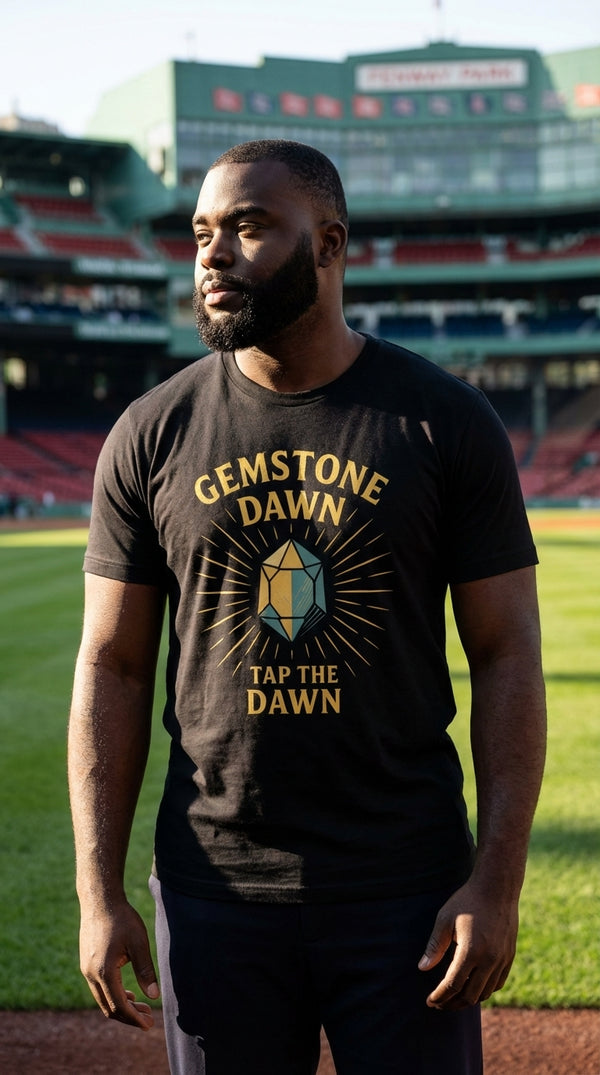 Gemstone Dawn Organic T-Shirt - Male Model in Fenway Park - Kitchen Table Legend