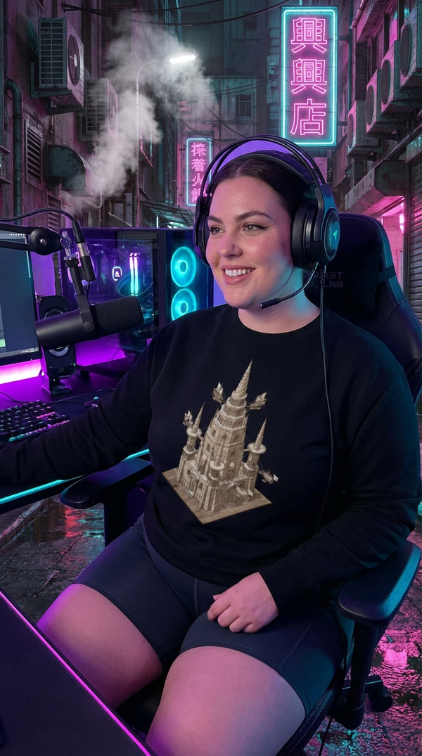 Sky Citadel Fantasy Organic Cotton Sweatshirt - Neon Plus Streamer in Cyberpunk Slum - Legendary Pull