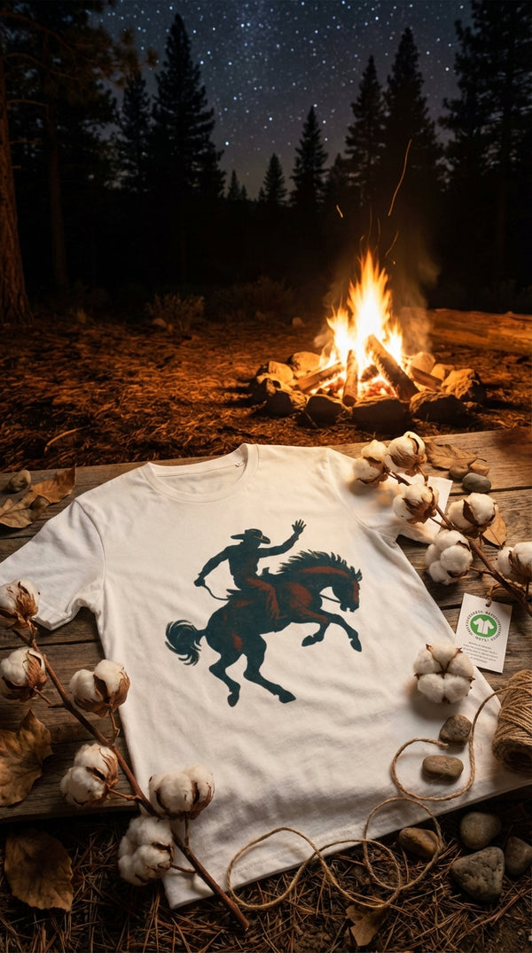 Organic Cotton T‑shirt – Cowboy Rider Vintage - GOTS Certification Hero in Campfire at Night - 90s Retro Sustainable