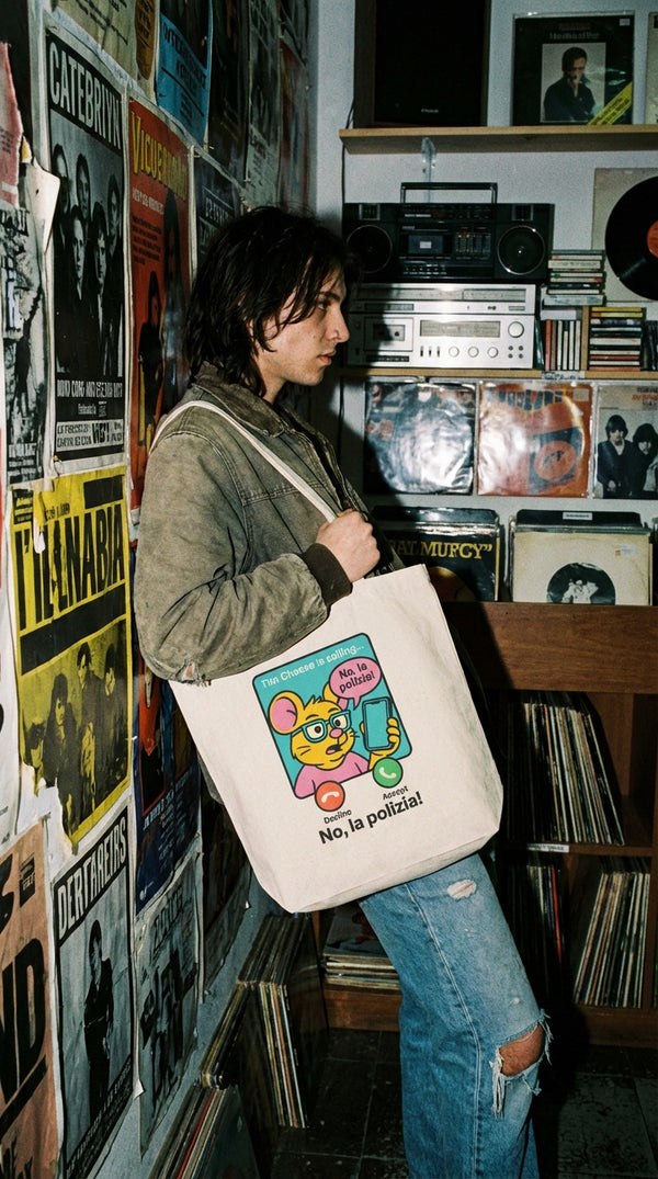 Organic Cotton Tote - Tim Cheese No La Polizia - 90s Mall Goth in Vintage Record Store - 90s Retro Sustainable
