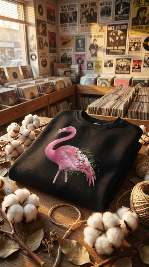 Glitch Flamingo Organic Sweatshirt - Retro Vaporwave Aesthetic - Hero in Vintage Record Store - 90s Retro Sustainable