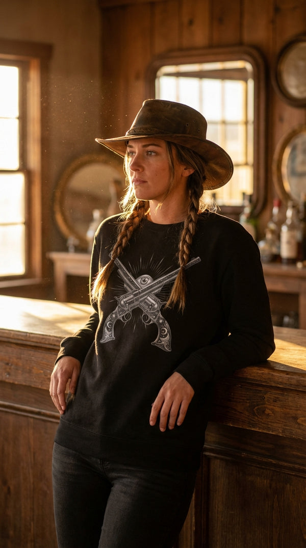 Mystic Revolver Western Organic Cotton Sweatshirt - Cowgirl Model in Saloon Interior - Eco-Aesthetic Lifestyle