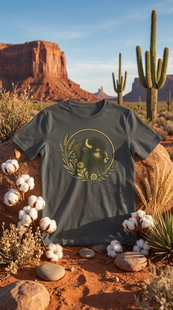 Golden Buffalo in Wreath Design – Western Organic Tee - GOTS Certification Hero in Desert Canyon - 90s Retro Sustainable