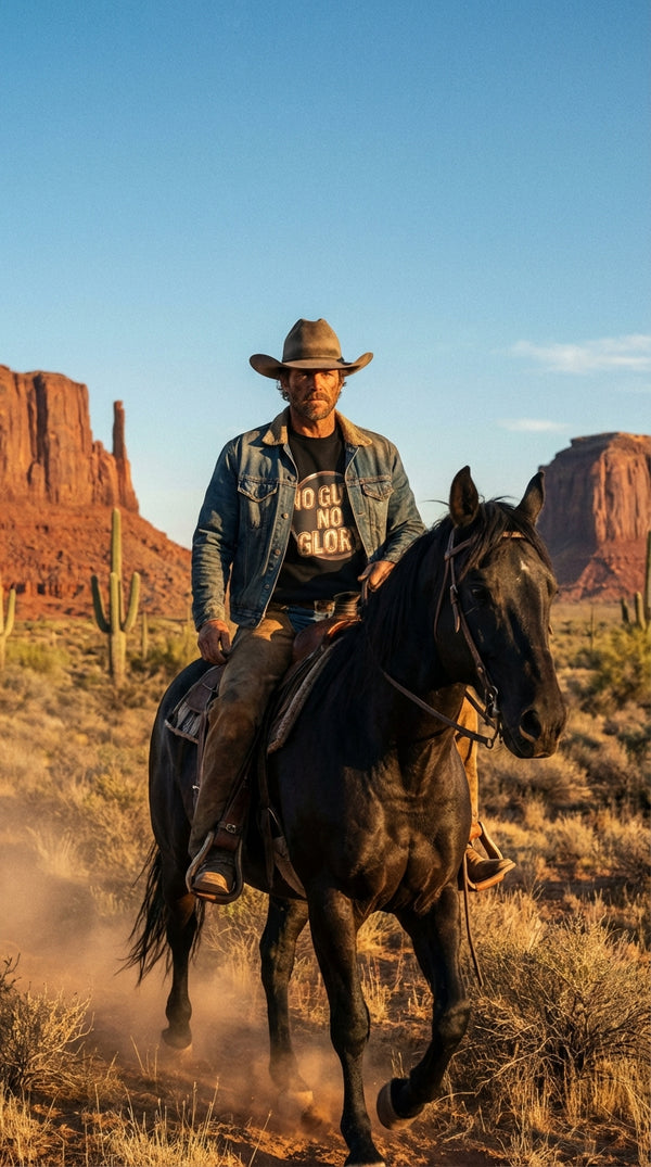 No Guts No Glory Organic Sweatshirt - Cowboy Model in Desert Canyon - Eco-Aesthetic Lifestyle