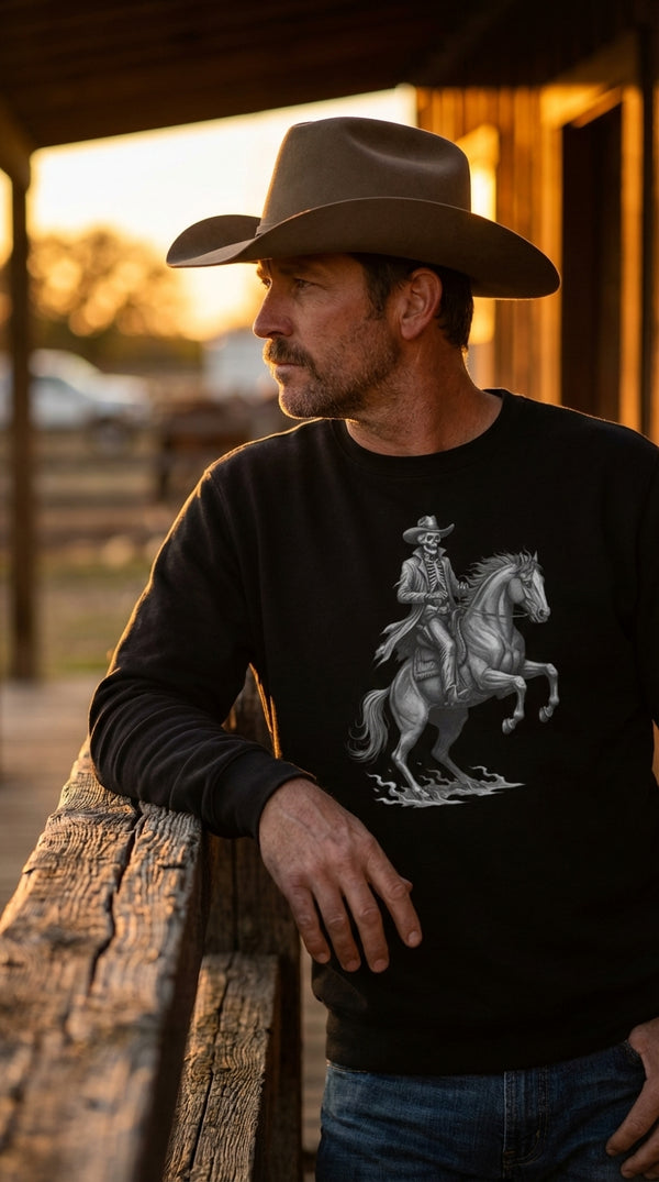 Spectral Outlaw Skeleton Cowboy Organic Cotton Sweatshirt - Modern Rancher in Saloon Interior - Cinematic Showcase