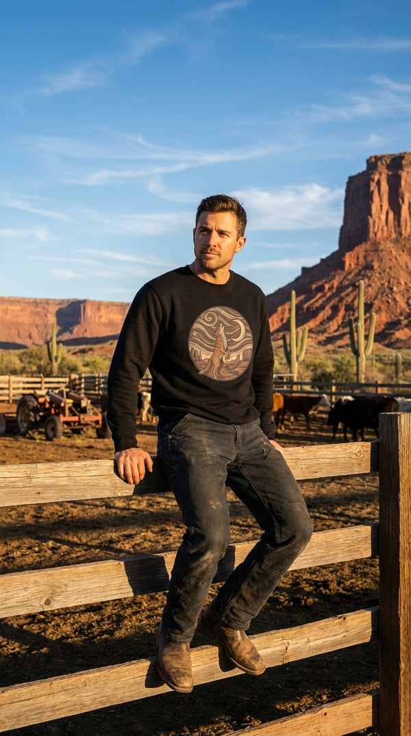 Starry Night Coyote Organic Cotton Sweatshirt - Modern Rancher in Desert Canyon - Eco-Aesthetic Lifestyle