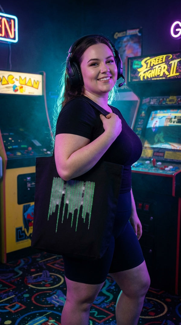 Matrix Code Drip Eco Tote - Neon Plus Streamer in Neon Arcade Alley - Eco-Aesthetic Lifestyle