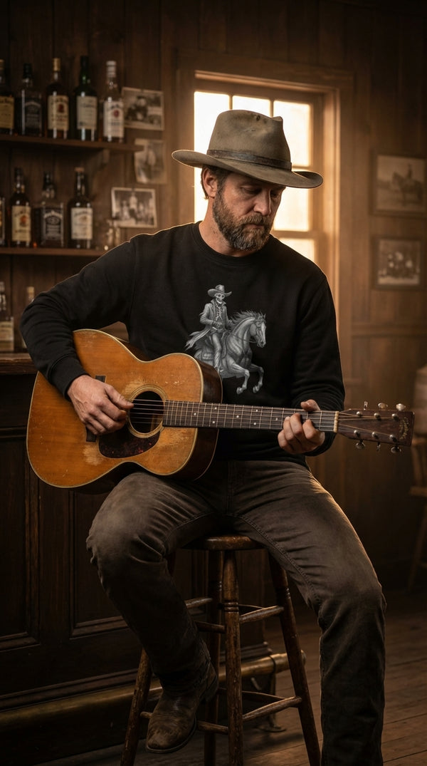 Spectral Outlaw Skeleton Cowboy Organic Cotton Sweatshirt - Acoustic Guitarist in Saloon Interior - Cinematic Showcase